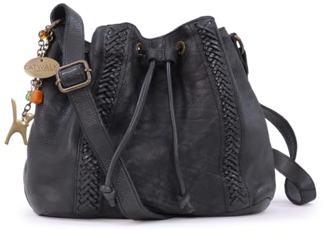 Catwalk Collection Handbags Genuine Leather Crossbody Bag Francesca | Medium to Large Drawstring Bucket Bag for Women, Washed Vintage Style Leather, Adjustable Leather Cross Body Strap, Fits A5
