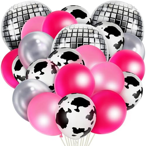 Discokugel Luftballon, Luftballons mit Kuh Druck, 4D Großer Spiegel Metallisch Luftballons, 50 Stück 80er 90er Party Luftballons, Western Cowboy Deko, Karneval Hip Hop Mottoparty Deko