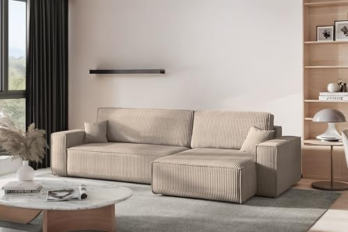 Kaiser Möbel - Ecksofa mit Schlaffunktion - Big Sofa - 274 x 142 cm - Cord Stoff, L Form, XXL, mit Bettkasten - Große Liegefläche 230 x 140 cm - Eckcouch, Wohnlandschaft - Best XL Rechts, Dunkelbeige