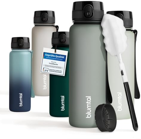 Blumtal Trinkflasche 1L - auslaufsichere Trinkflasche Sport + 1-Klick-Verschluss - BPA-freie Wasserflasche 1L + Sieb - Spülmaschinenfest - Grau