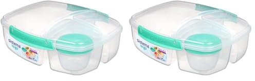 Sistema to Go Triple Split Lunch Box with Yoghurt Pot | 2L Air-Tight and Stackable Food Storage Container | BPA-Free | Minty Teal (Pack of 2)