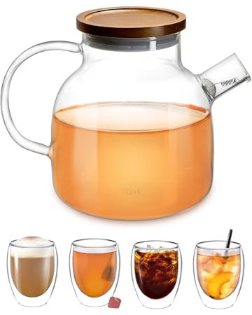 Vienberg Impolio Set | Teekanne + 4x 350ml Doppelwandige Gläser aus Hitzebeständiges Borosilikat-Glas | Glaskanne Teapot, Teeservice, Tee-Kaffee-Kareffe Thermoglas (1400ml Set)