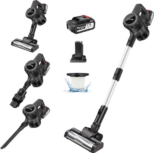 Akku Staubsauger 21V, Kabelloser Staubsauger 140W/20KPa Vacuum Cleaner Handstaubsauger Akku, 2 Saugmodi, LED Bodenbürsten, Selbststehender Staubsauger mit Wechselakku für Teppich, Tierhaare, Hartboden