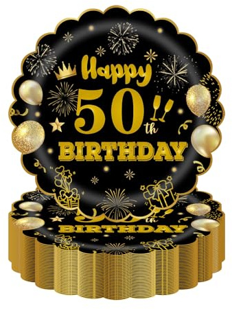 HFBOBP 50Pcs 50th Birthday Party Paper Plates,7inch Disposable Black and Gold Scalloped Dessert Tableware for Wedding Anniversary Reception Event Decorations