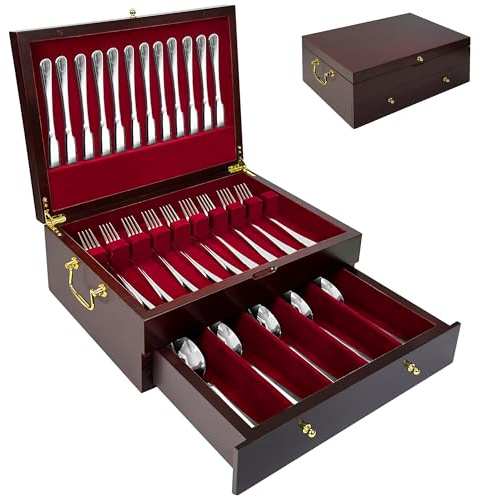 Wooden Silverware Storage Box with Lid, 2 Layer Silverware Storage Chest, 15.5'' ×11.5'' Silverware Organizer with Handle and Felt Lined, Chest for Flatware Setting Up 30