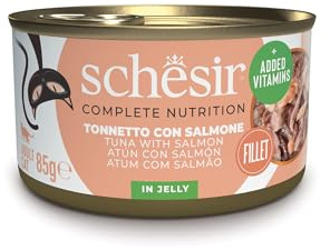 Schesir Thunfisch mit Lachs in Gelee, Nassfutter für Katzen, in Dosen, 100% natürlich, mit zusätzlichen Vitaminen, 12 x 85 g