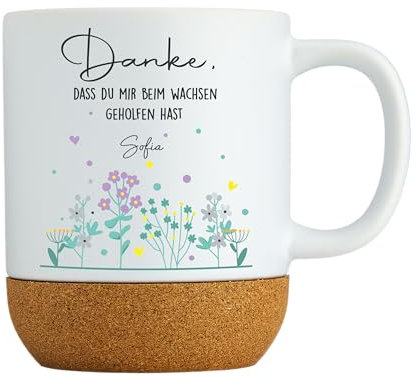 LIEBTASTISCH - Danke, dass du mir beim wachsen geholfen hast - Tasse mit Kork und Deckel - Personalisiert - Abschiedsgeschenk - Kindergarten - Tagesmutter - Kita - Geschenk
