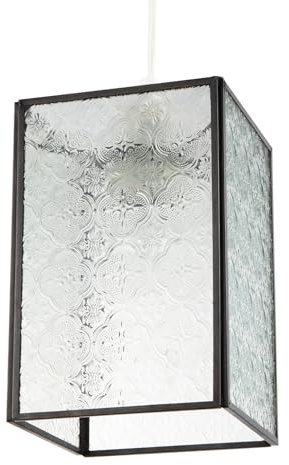 Vintage Traditional Cast Bronze Metal Pendant Light Shade with Clear Moroccan Floral Glass Panels | 19cm x 13cm | Rectangular Shape by Happy Homewares