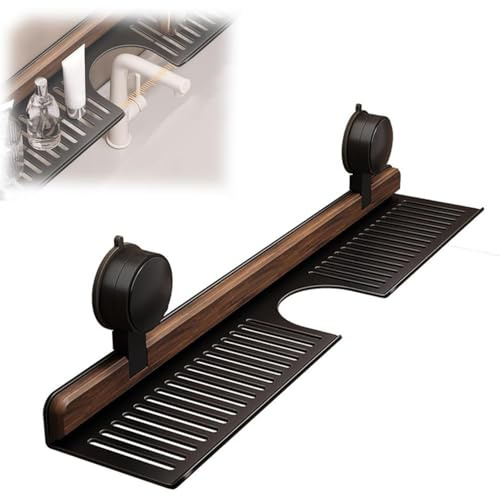 LZTET éTagèRe De Salle De Bain à Ventouse en Noyer,Organiseur D'éVier Mural Amovible Et éTanche,sans PerçAge,Support Rangement Robinet Bois pour Accessoires Cuisine Et Salle Bain(50cm,Black)