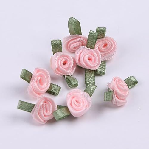 25 Pcs Pink Mini Rose Satin Ribbon Appliques Rose Buds Accessories Sewing Art Craft Decorative, Trim and Embellishments (15mm*25mm)