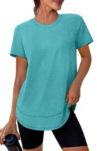 XIEERDUO Gym Tops for Women UK Crewneck Short Sleeve Sports T Shirts Lightweight Moisture Wicking Quick Dry Activewear Clothes with Sun Protection UPF 50+ Aqua XL