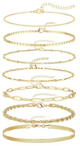HTTDSLF 7Pcs Armband Damen Gold Ketten Armbänder Set, Verstellbar Armbänder Gold Boho, Schlange Twist Figaro Kettenarmbänder, Kubanische Büroklammer Stapelarmbänder, Schmuck für Damen Frauen Mädchen