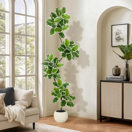 RBFGYIOP Pianta Finta Ficus Lyrata Variegata Alta - Pianta Decorativa Interna Realistica con Vaso Ceramica, Pianta Artificiale Senza Manutenzione per Arredamento Salotto, Camera o Ufficio