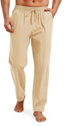 Runcati Herren Leinenhose Lang Leichte Sommerhose Freizeithose Strandhose Einfarbig mit Taschen