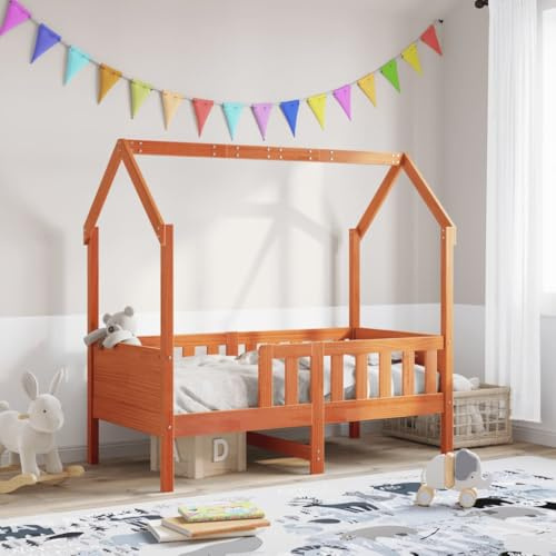 Owoxanthellate Hausbett Kiefer wachsbraun 149x75x141 cm, massives Holz, Lattenrost, Stauraum, ab 4 Jahre, einzelbett Kinderbett für Kinderzimmer und Gästeecke