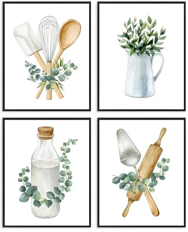 Dazzlewall 4-teiliges Küche Wandbild Set, Küchenutensilien Eukalyptus Aquarell Poster für Küche Schlafzimmer 30x40cm Ohne Rahmen
