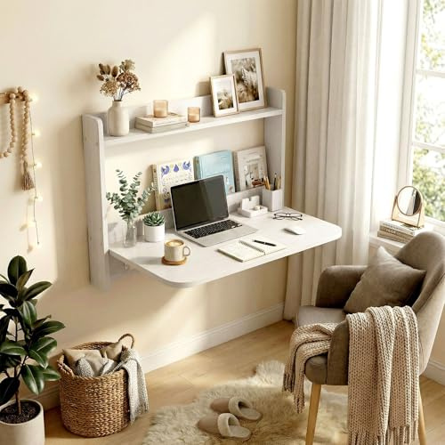MBBTAG Mesa Plegable de Pared con Estanteria, Escritorio Abatible Que Ahorra Espacio, Mesa Cocina Plegable Pared Estrecha para Cocina, Lavadero, Garaje, Dormitorio y Salon(Blanco,82.5x57cm)