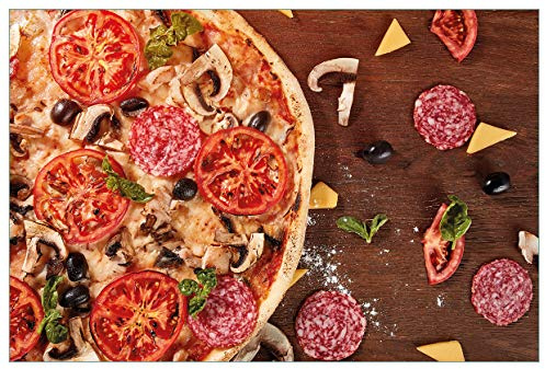 Wallario Küchenrückwand selbstklebend 90 x 60 cm, Motiv: Pizza mit Tomaten, Salami, Oliven und Pilzen | Spritzschutz abwischbar & pflegeleicht