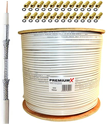Premium X 500m BASIC Koaxialkabel 135dB 4-fach SAT Antennenkabel Koaxkabel RG-6 CE ROHS Class A SAT-Kabel 24x F-Stecker