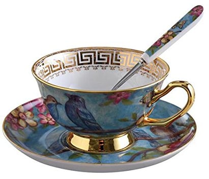 Eplze YBK Tech Euro Style Cup& Saucer Set, Bone China Teacup Coffee Cup for Breakfast Home Kitchen- Birds and Trees Patterns (Blue)