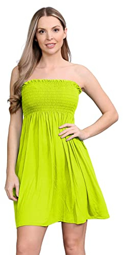 janisramone® Womens Bandeau Dress, Boob Tube Sheering Ruched Flared Mini Dress, Plain Strapless Summer Dresses, Perfect Holiday & Beach Dresses for Women UK Neon Yellow