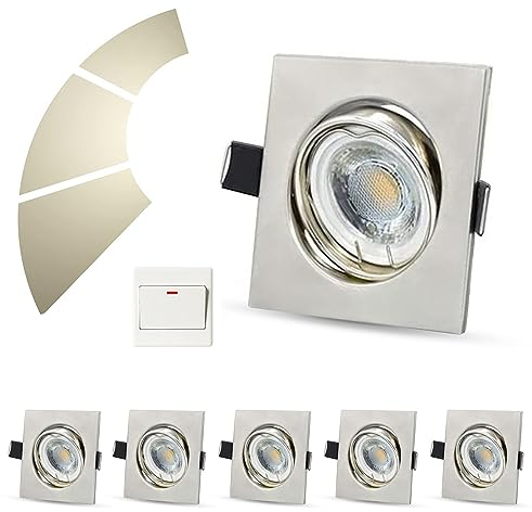 Allesgute 6er Set LED Einbaustrahler Flach 230V Dimmbar 6W Warmweiß 500lm Spot Eckig Schwenkbar Einbauleuchten f. Loch Ø68mm für Wohnzimmer, Schlafzimmer, Küche, Büro