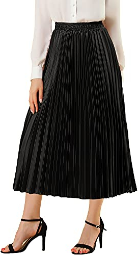 Allegra K Damen Maxi Faltenrock Hohe Taille Plisseerock A-Linie Elastisch Swing Eleganter Rock Schwarz M