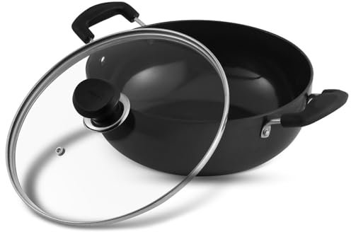 Vinod Black Pearl Hard Anodised Deep Kadai – 22cm, 2.6L Wok with Glass Lid | Metal Spoon Safe & Even Heat Distribution | Induction & Gas Hob Friendly | Deep Frying Pan for Curries, Stir Fry