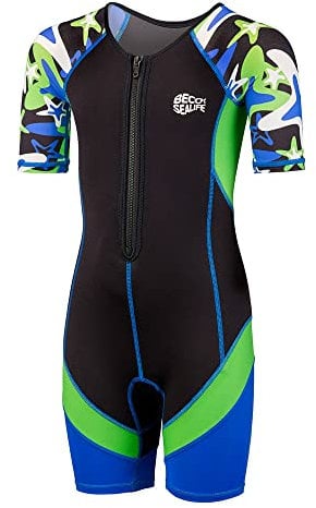 BECO-SEALIFE Shorty Combinaison en néoprène Mixte Jeunesse, Bleu/Vert, 12 Ans