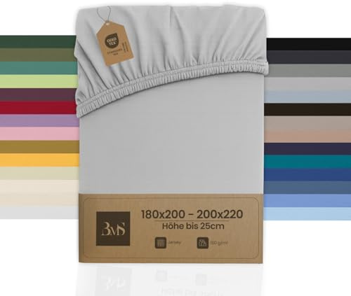 Bettwaesche-mit-Stil Spannbettlaken Jersey Spannlaken Spannbetttuch (180x200-200x220 cm, Matratzenhöhe bis 25cm, Grau) Gewicht: 180g/m², 90% Baumwolle 10% Elasthan