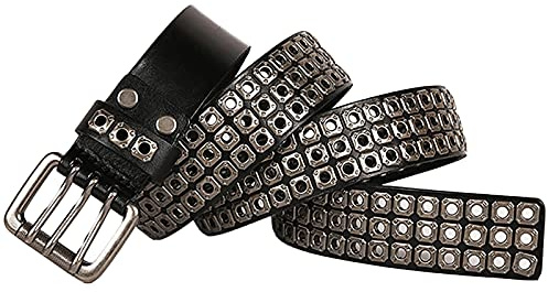Leder gürtel Herren Damen Nietengürtel im Punk Hip Hop Ledergürtel Breiter Gürtel mit Hohl Nieten Legierungs Schnalle,Schwarz,115cm(38~40)