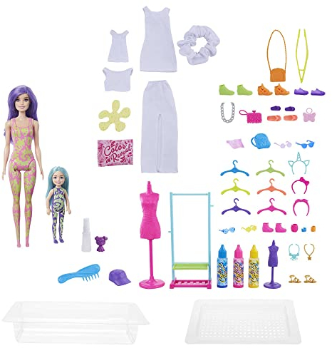 Barbie Colour Reveal Tie Dye Fashion Maker, Färbe-Set Colour Reveal, 50 Überraschungen, Chelsea-Puppe mit 35 Accessoires, als Geschenk geeignet,HCD29