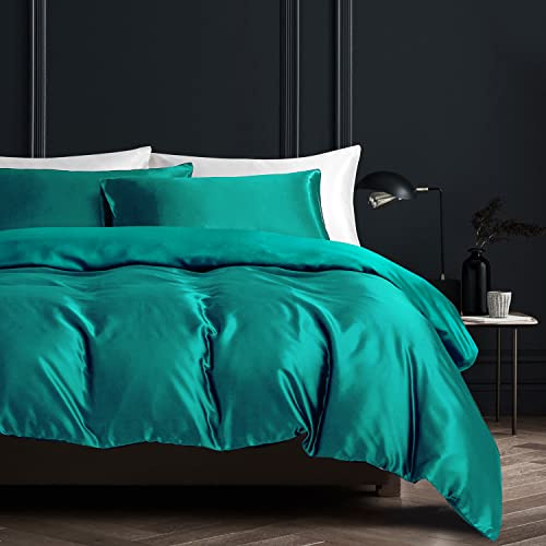 Boqingzhu Satin Bettwäsche 200×200cm Türkis Grün Uni Einfarbig Glatt Glänzend Luxus Seide Bettwäsche Set Bettbezug mit Reißverschluss und 2 Kissenbezüge 80x80cm