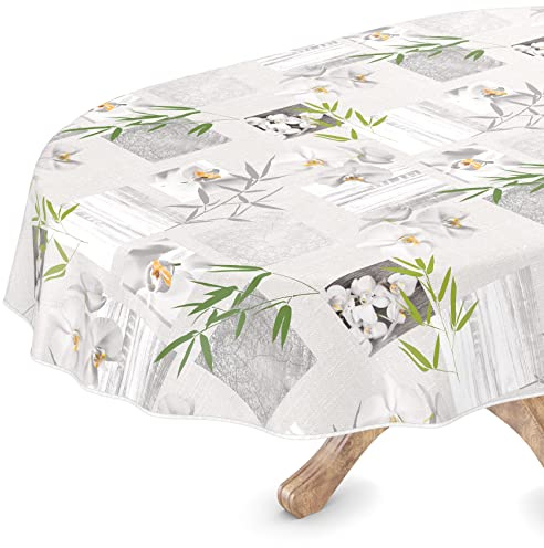 ANRO Tischdecke abwaschbar Wachstuch Wachstuchtischdecke Oval 140 x 240cm mit Saum Orchidee Spa pflegeleicht Wachstischdecke wasserabweisend Gartentischdecke Meterware Lotuseffekt