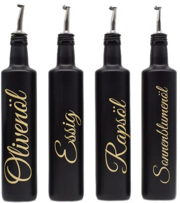 Olivenöl Rapsöl Sonnenblumenöl Essig Flaschen schwarz matt - 500 ml mit Edelstahl-Ausgießer und 4x Deckel Gold