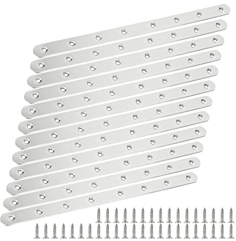 GOYADA 12 PCS Silver Mending Plates, Metal Flat Straight Brace Bracket for Wood, 295mm Stainless Steel Flat Joining Plates with Screws, 8 Holes Flat Corner Brace Brackets Bar for Repair Fixing Wood