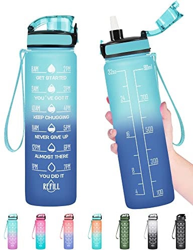 Enerbone 32 OZ Water Bottle, Leakproof BPA & Toxic Free, Motivational Water Bottle with Times to Drink and Straw, Fitness Sports Water Bottle with Strap for Office, Gym, Outdoor Sports, Green-Blue