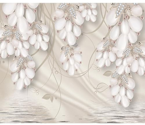 decomonkey Fototapete Abstrakt 450x315 cm XXL Design Tapete Fototapeten Tapeten Wandtapete moderne Wand Schlafzimmer Wohnzimmer Deko Modern Schmuck Muster Blumen Laub Wasser beige weiß