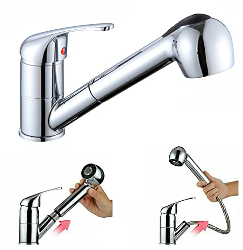 Grifo Cocina Extraible, Grifo Lavabo Cascada con Caño Giratorio 360°, Cartucho Cerámico, Mangueras 3/8, Grifo Monomando Lavabo - Latón y Cromado, Mezclador de Lavabo Grifo Extraible Cocina