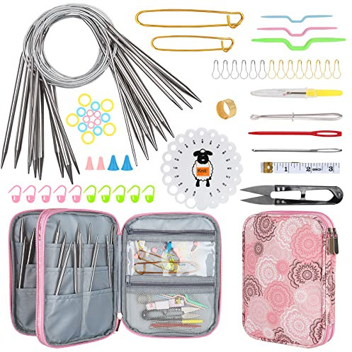 Aeelike Circular Knitting Needles Set 80cm, Metal Circular Needles for Knitting, Long Cable Round Needles Set with Case, Double Pointed Needles Circular Knitting Pins, Knitting Starter Kit for Adults