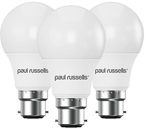 paul russells LED GLS - Dimmable Bayonet Light Bulbs, 8.5W 806Lumens B22 A60 LED Bulbs, 60w Equivalent, 4000K Cool White/Natural White, Dimmer Standard BC Energy Saving Ceiling Light, Pack of 3