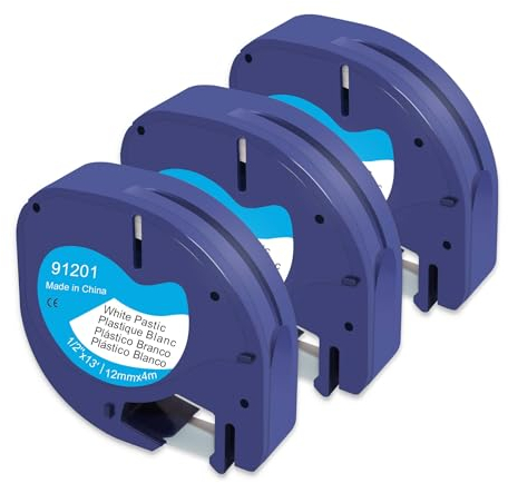 Molabel 3er-Pack kompatible Dymo LetraTag Etikettenbänder – 12 mm x 4 m, Schwarz auf Weiß, Kunststoff. Passend für LetraTag LT-100H, LT-100T, XR, XM, 200B. Entspricht Modell 91221.
