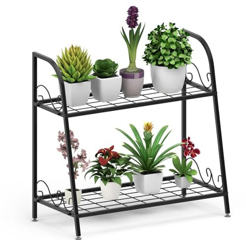 HOMASIS Soporte para plantas de 2 estantes de metal, zapatero. Estantería de hierro forjado resistente para salón, balcón, macetero de hierro forjado, apto para espacio limitado, 63 x 30,5 x 61,5