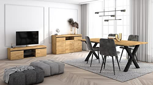 Skraut Home - Ensemble de Meubles de Salon | Table 200 Pieds X 10 convives | Meuble TV 140 | Crédence/Buffet 140 | Chêne et Noir | Style Industriel