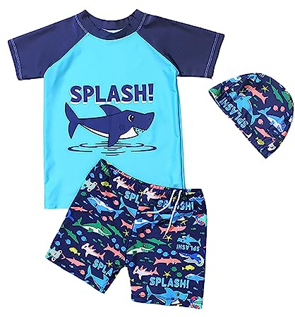 NautySaurs Boys Swimming Costume Two Piece Swimwear with Cap for Kids Dinosaurs Shark Rash Guards Trunks Swim Set