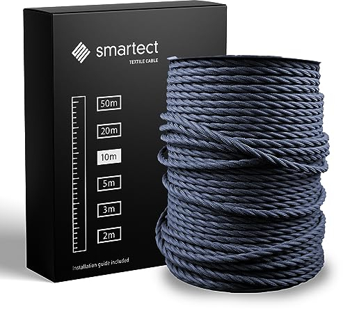 smartect Cavo Elettrico Tessile intrecciato Antracite, 10 Metri Filo Elettrico Vintage, Tripolare (3 x 0.75mm²) Cavo Elettrico Rivestito in Tessuto per Fai da Te