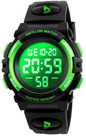 Dayllon Digitaluhr Kinder Uhren für Jungen Armbanduhr Kinder Outdoor Sport 50M Wasserdicht Elektronische 12/24 H Wecker Stoppuhr/Kalender/LED-Licht/Datum Junge Mädchen Black Greeb XS(3-10 Year Old)