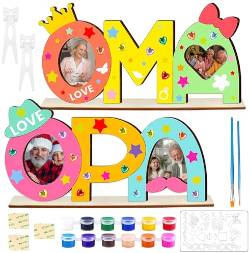 2 Stück Holzbuchstaben Oma und Opa Bastelset mit Farben Pinseln Malzubehör etc, Opa Oma Geschenk Oma Opa Geschenke zum Geburtstag Uroma Geschenke für Oma und Opa Weihnachtsgeschenke Fotorahmen