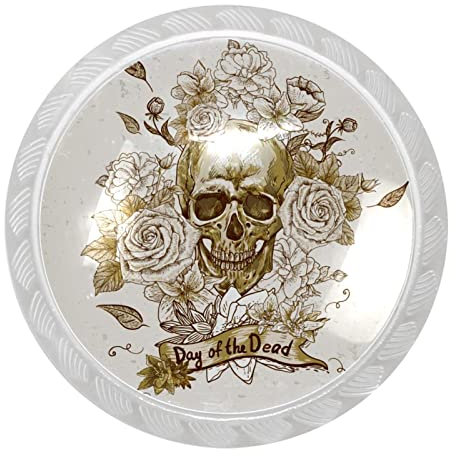 suojapuku 4er-Pack Schrankknöpfe für die Küche, Kommodenknöpfe, Hardware, Schubladenknöpfe,Totenkopf-Rosenblume im Retro-Stil,Möbelgriff aus Kristallglas
