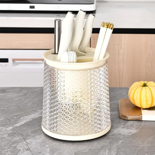 Rotating Utensil Holder for Countertop, Kitchen Multifunctional Organizer Chopsticks Knives Holder with Drainage Design, Universal Knife Block Rack Shelf(Cream)